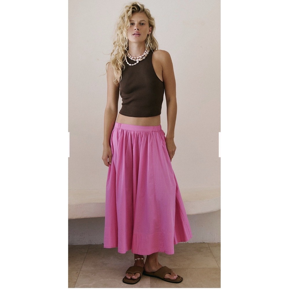 Free People Lowen Midi Skirt Sugar Magnolia Pink Pleated Billowy A-line Sz L